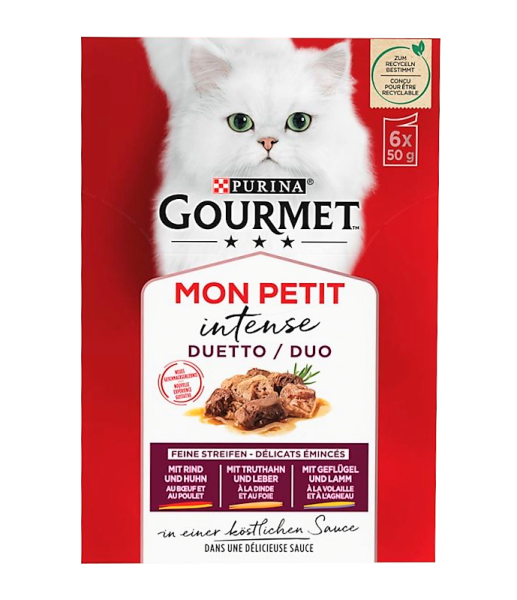Gourmet Mon Petit Duetto Fleischauswahl - 12 Packungen (entspricht 72 x 50 g) Feuchtfutter für ausgewachsene Katzen