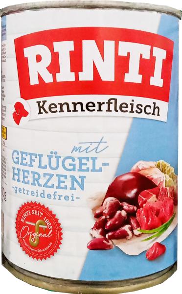 RINTI Kennerfleisch mit Gelfügelherzen - getreidefreies Feuchtfutter für ausgewachsene Hunde