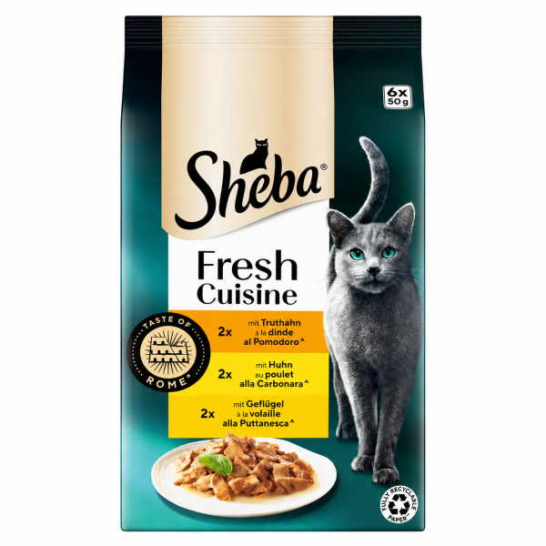 Sheba Fresh Cuisine Taste of Rome - 18 Packungen (108 x 50 g) Feuchtfutter mit Truthahn, Huhn und Geflügel in Sauce für ausgewachsene Katzen